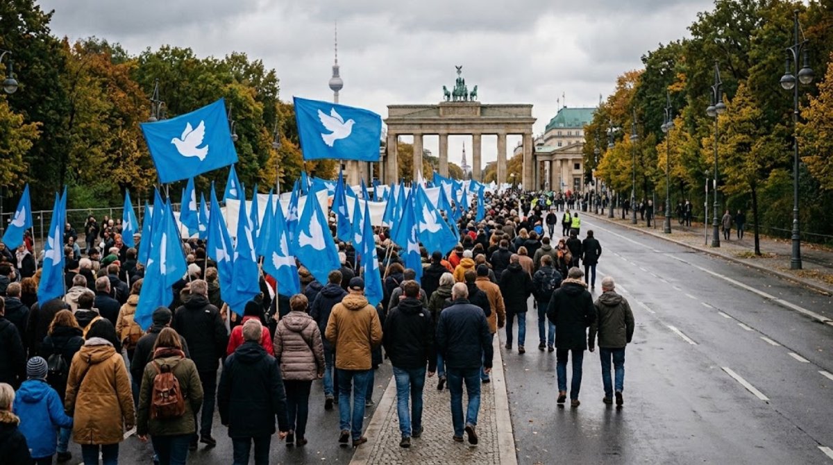 Unity Day marchers in Berlin and Stuttgart reject rearmament and a return to the draft